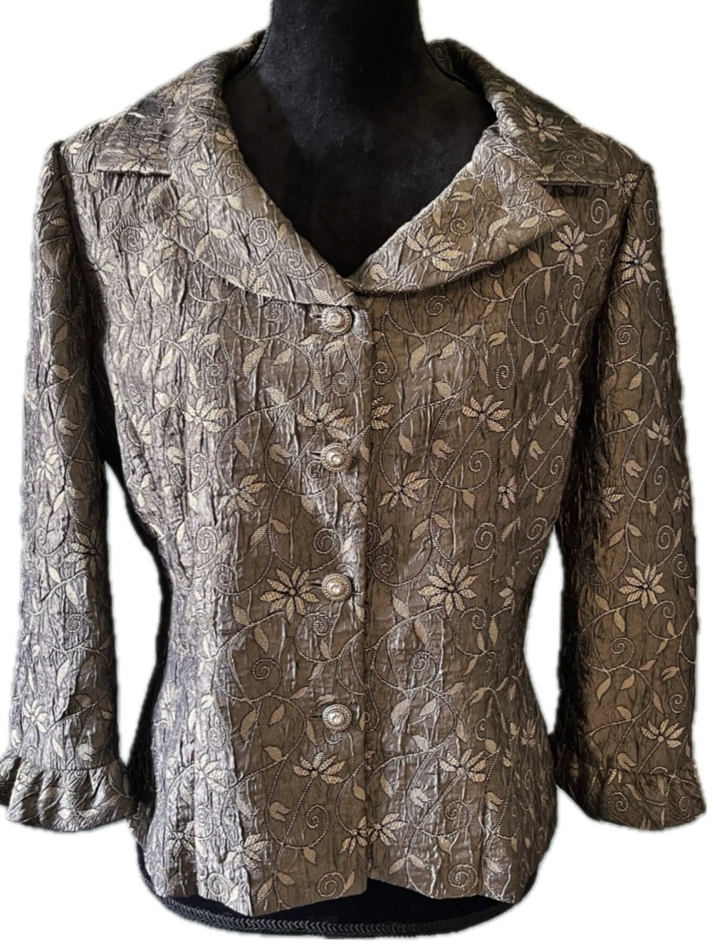VIRGO Women's Blazer Jacket Bronze Floral Embroidered Brocade w/Ruffles Size 10